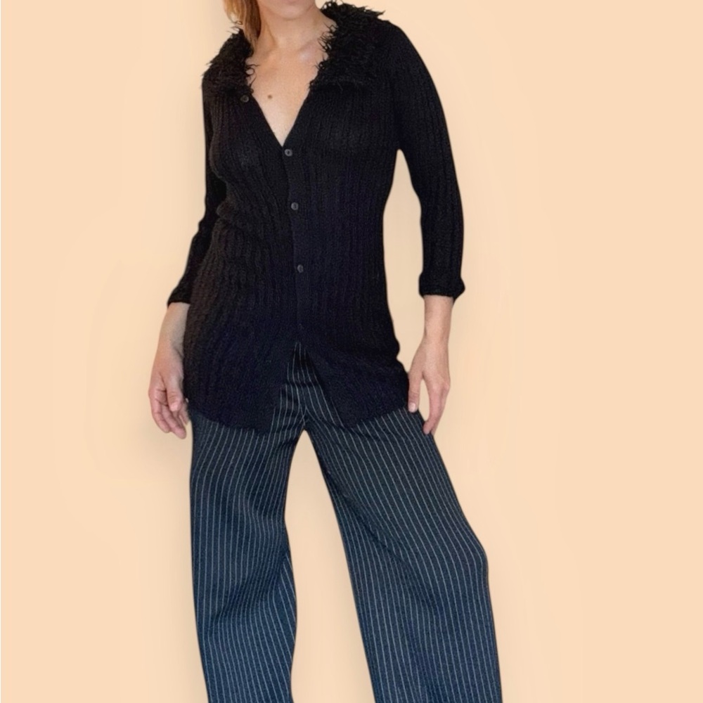 90s Black Ribbed Button-Up Long Cardigan w/ Faux Fur Collar Vintage